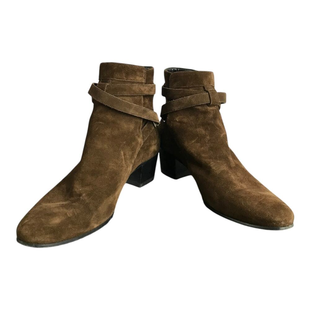 Saint Laurent Paris Ankle Boots Women Sz 40‎ Brown Leather Suede 2" Wood Heel